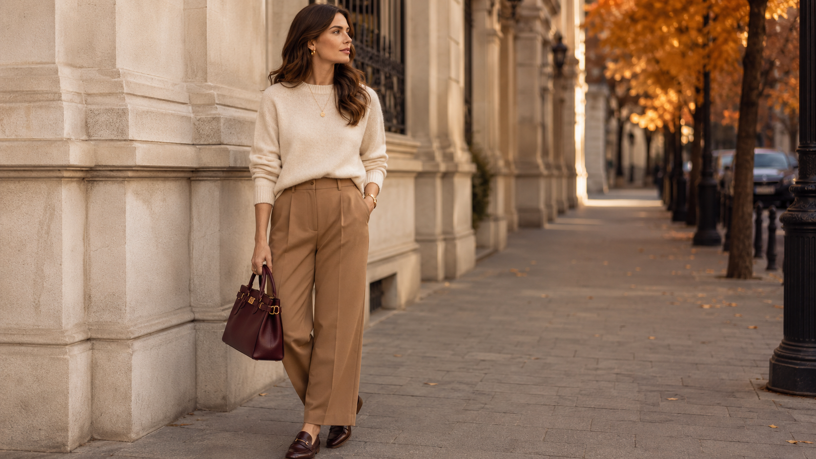 Beige Outfit + Burgundy Handbag Quiet Luxury Fall Outfits 2026